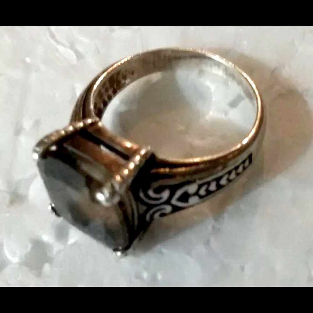 Sterling Silver Floral Accent Smoky Quartz Ring - Silver